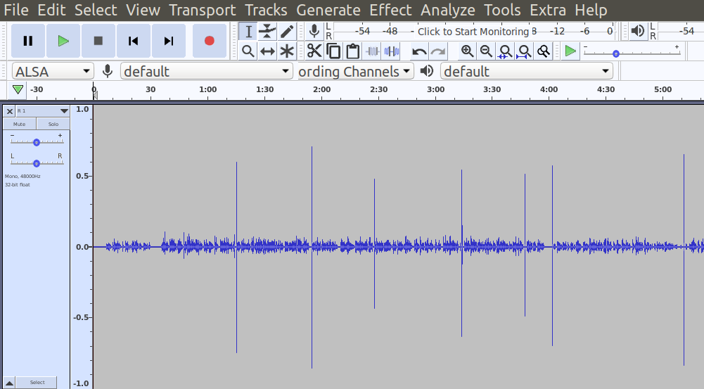 Audio waveform in audacity with occasional spikes