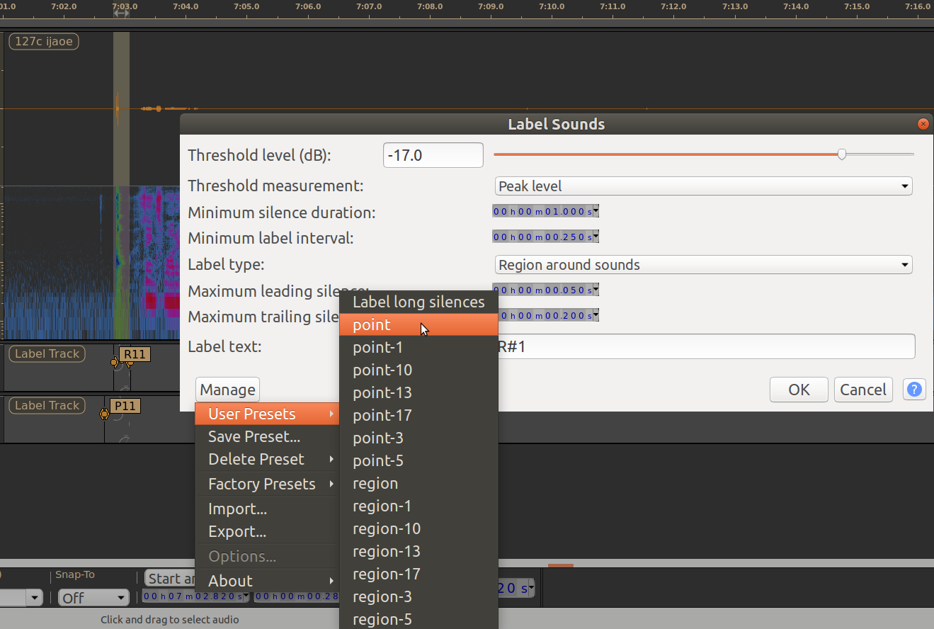 Audacity's 'label sounds' tool, with a mouse hovering over nested menu options to save a user preset