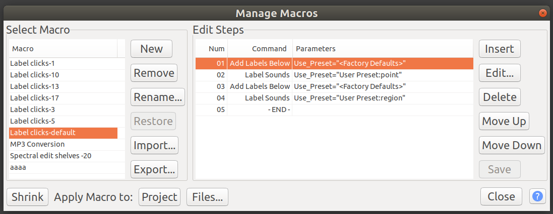 Audacity's 'macro manager' showing a macro named 'label clicks-default' and a panel to edit the steps in the macro