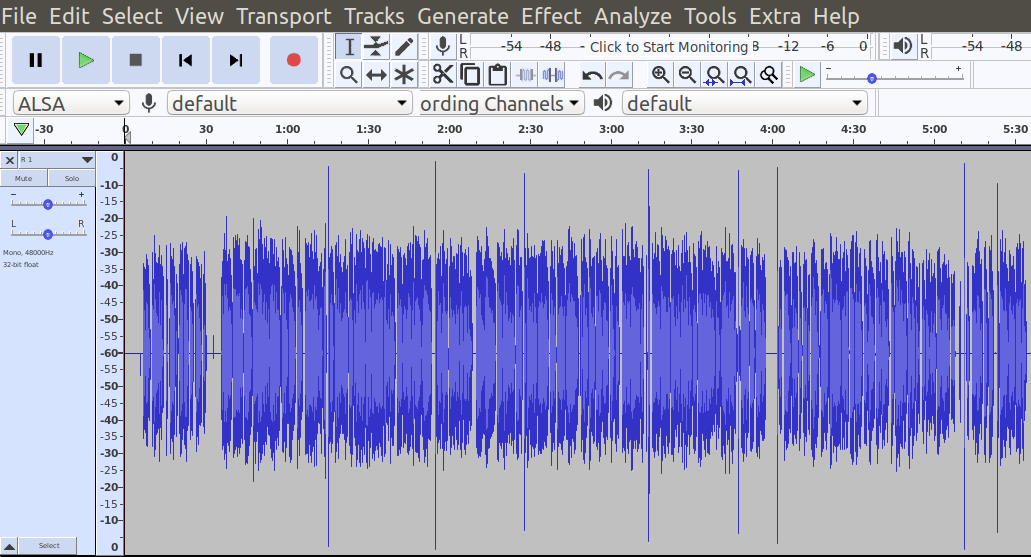 Audio waveform in audacity where the scale of the waveform is set to decibel mode
