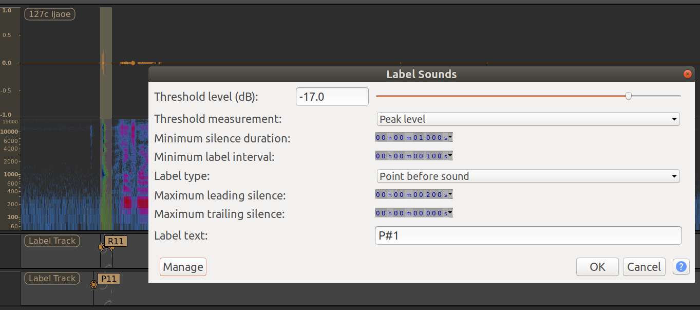 Audacity 'label sounds' settings for point labels