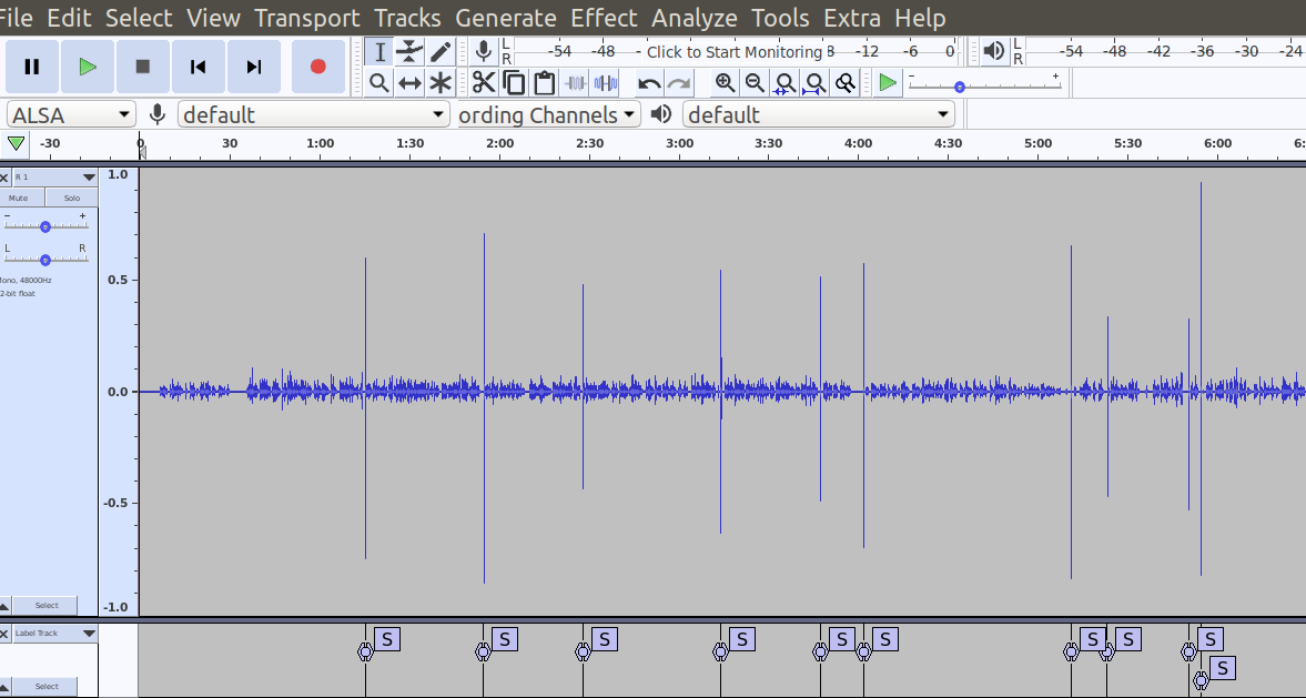 Audio waveform in audacity with linear scale and label track that labels the audio spikes