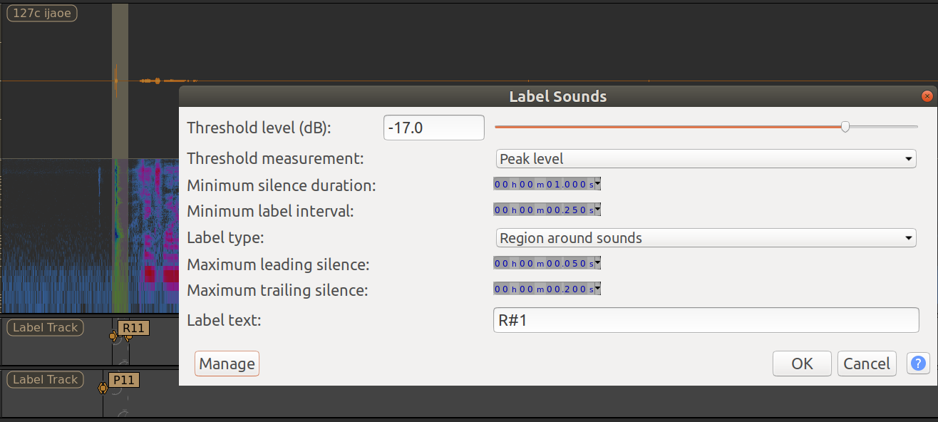Audacity 'label sounds' tool settings for region labels