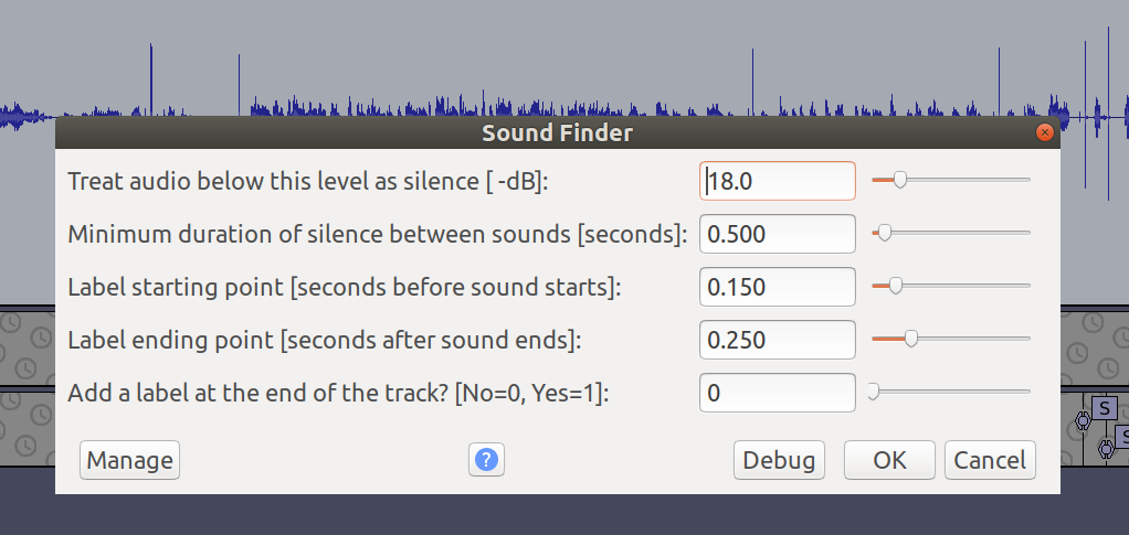 Audacity 'sound finder' tool settings