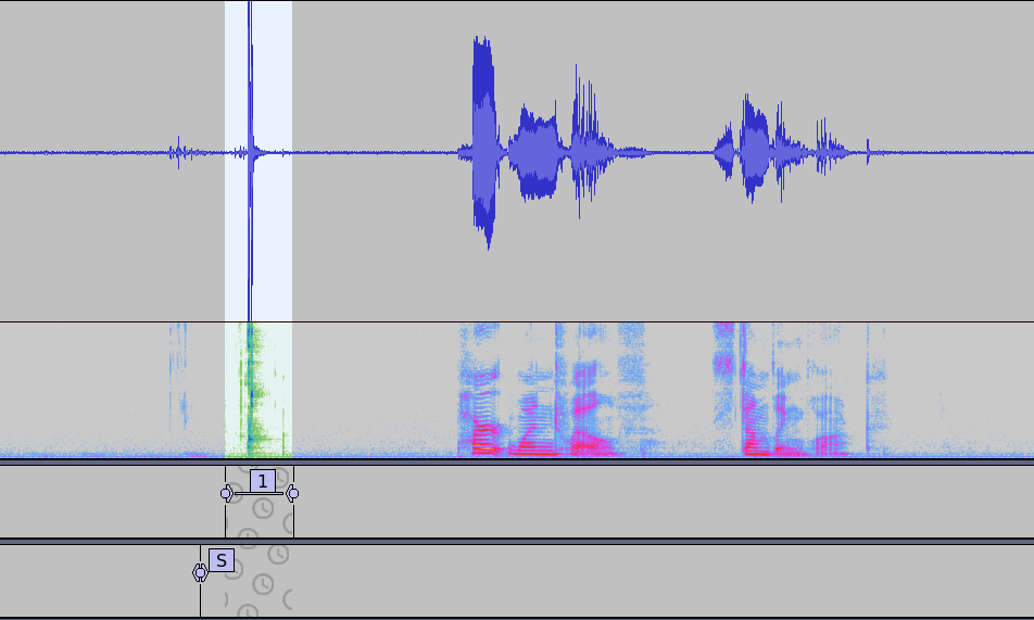 A clap shown in both waveform (linear scale) and spectrogram, showing that the label fits fully around the clap's sound