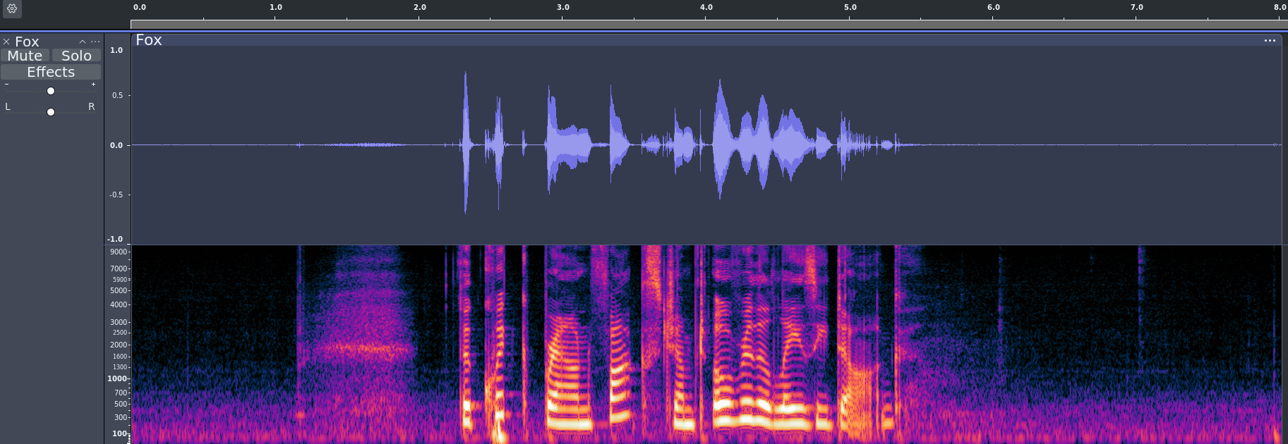 Waveform plus spectrogram in audacity of 'The quick brown fox jumped over the lazy dog'